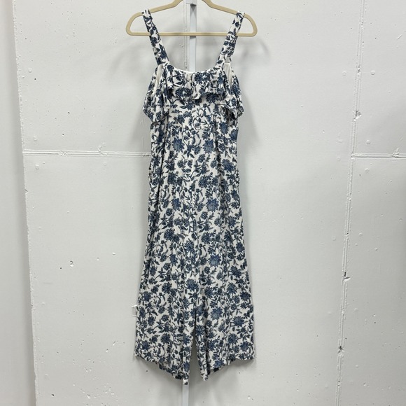 LOFT Pants - LOFT Floral Ruffle Wide Leg Jumpsuit Size 4 Sleeveless Pockets Blue White Summer